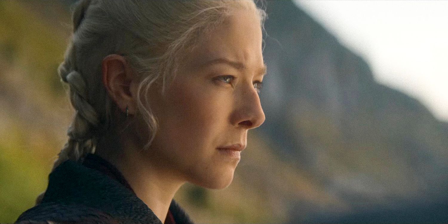 Close up of Rhaenyra Targaryen seen in profile with a pensive expression in House of the Dragon - season 2