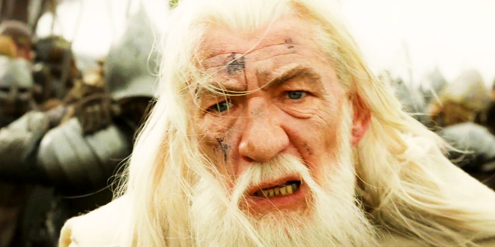 Ian McKellen as Gandalf in the heat of battle in Lord of the Rings: The Return of the King.