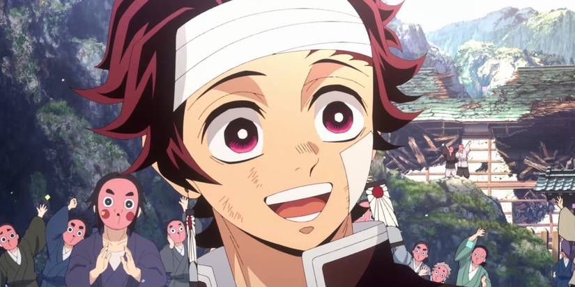 Tanjiro Kamado smiling with swordsmiths behind him in Demon Slayer Swordsmith Village Arc