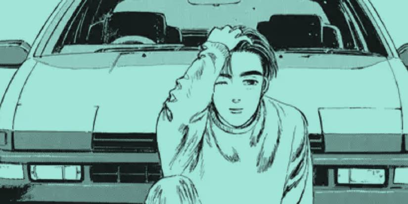 The protagonist of Initial D sits in front of a car with a teal filter.