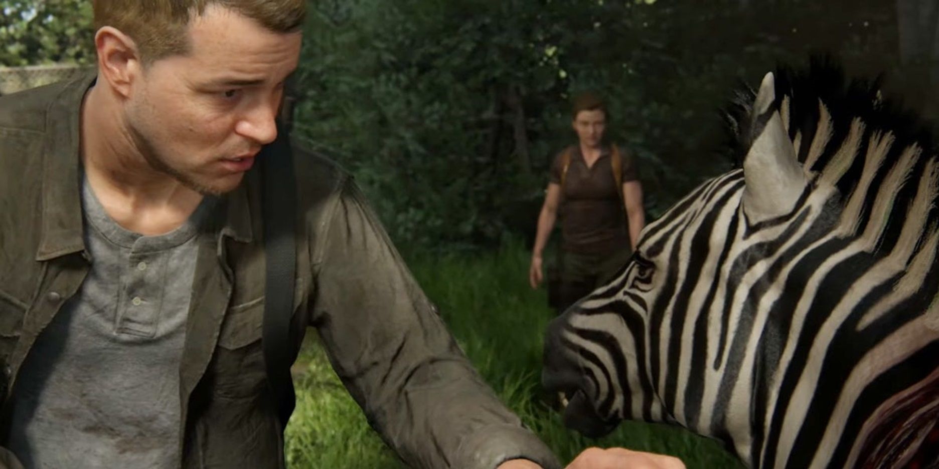 Jerry and Abby tend to a zebra in The Last of Us Part II