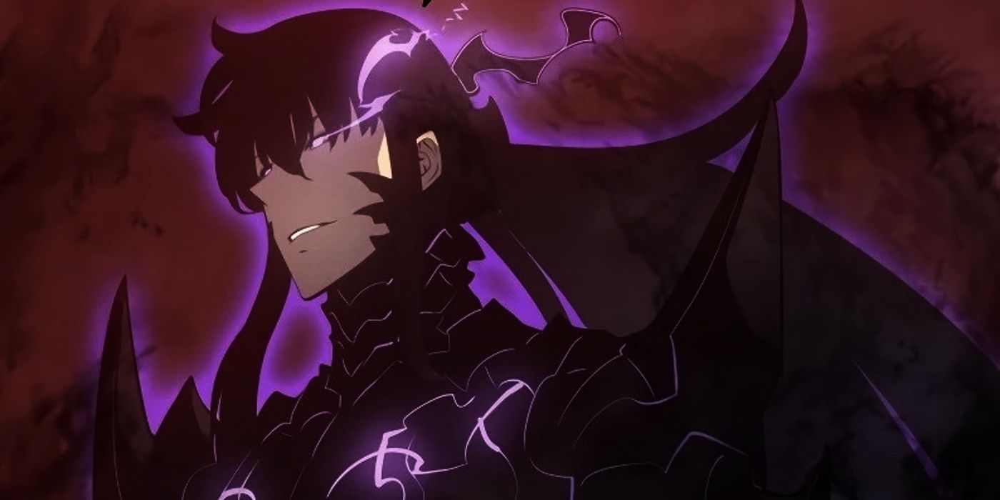 Jinwoo smiling covered in black shadow armor in solo leveling