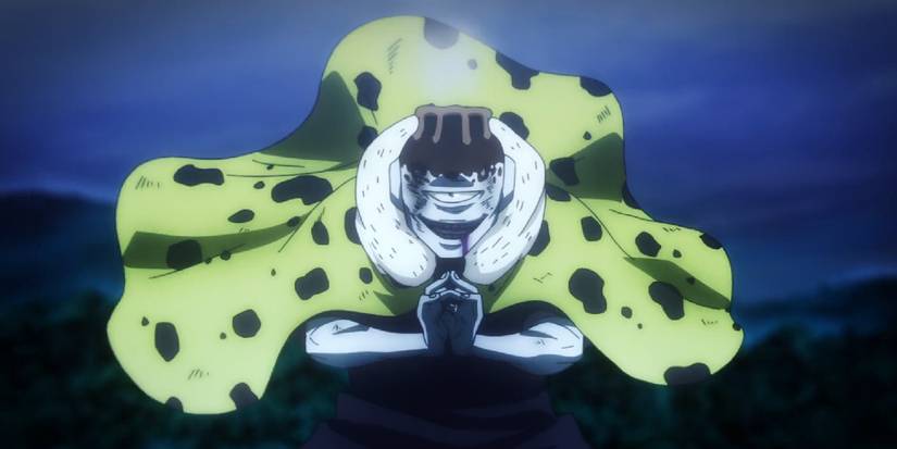 Jogo with his hands clasped together as he casts his domain in jujutsu kaisen