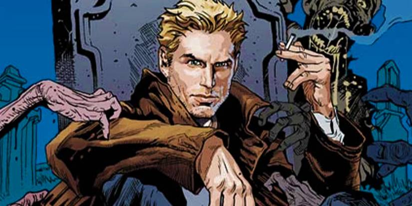 John Constantine smoking in a graveyard as zombie hands reach at him from all sides.