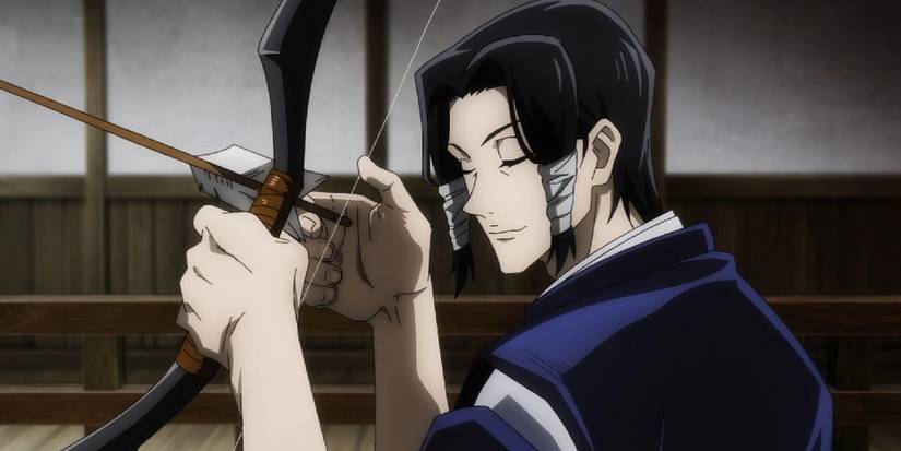Kamo de Jujutsu Kaisen se preparando para disparar seu arco e flecha.