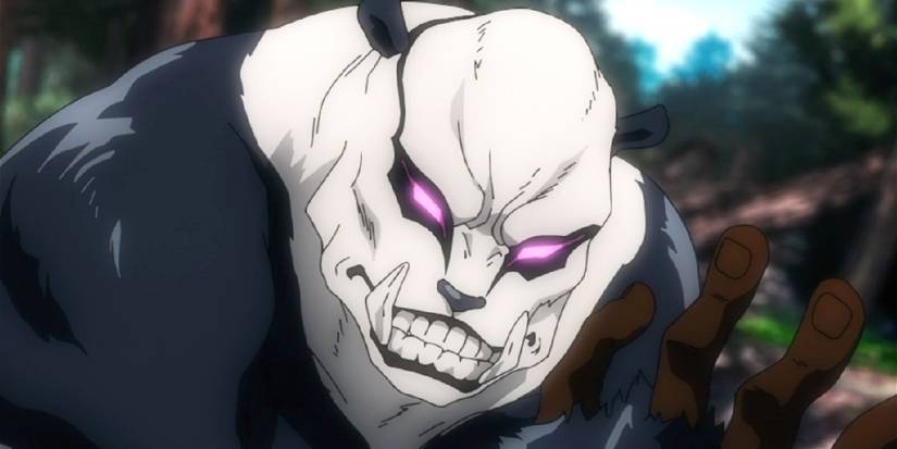 Jujutsu Kaisen's Panda com olhos roxos brilhantes em seu modo de gorila na floresta.