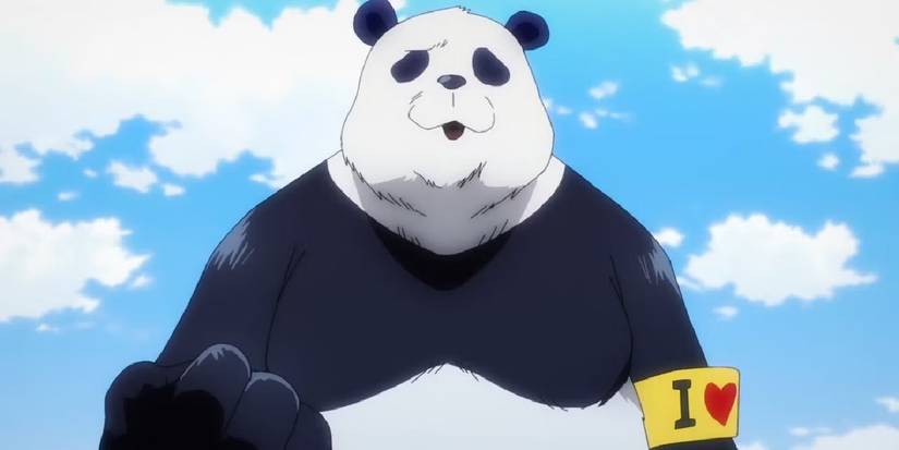 Jujutsu Kaisen's Panda holding his paw up in triumph with a yellow armband.