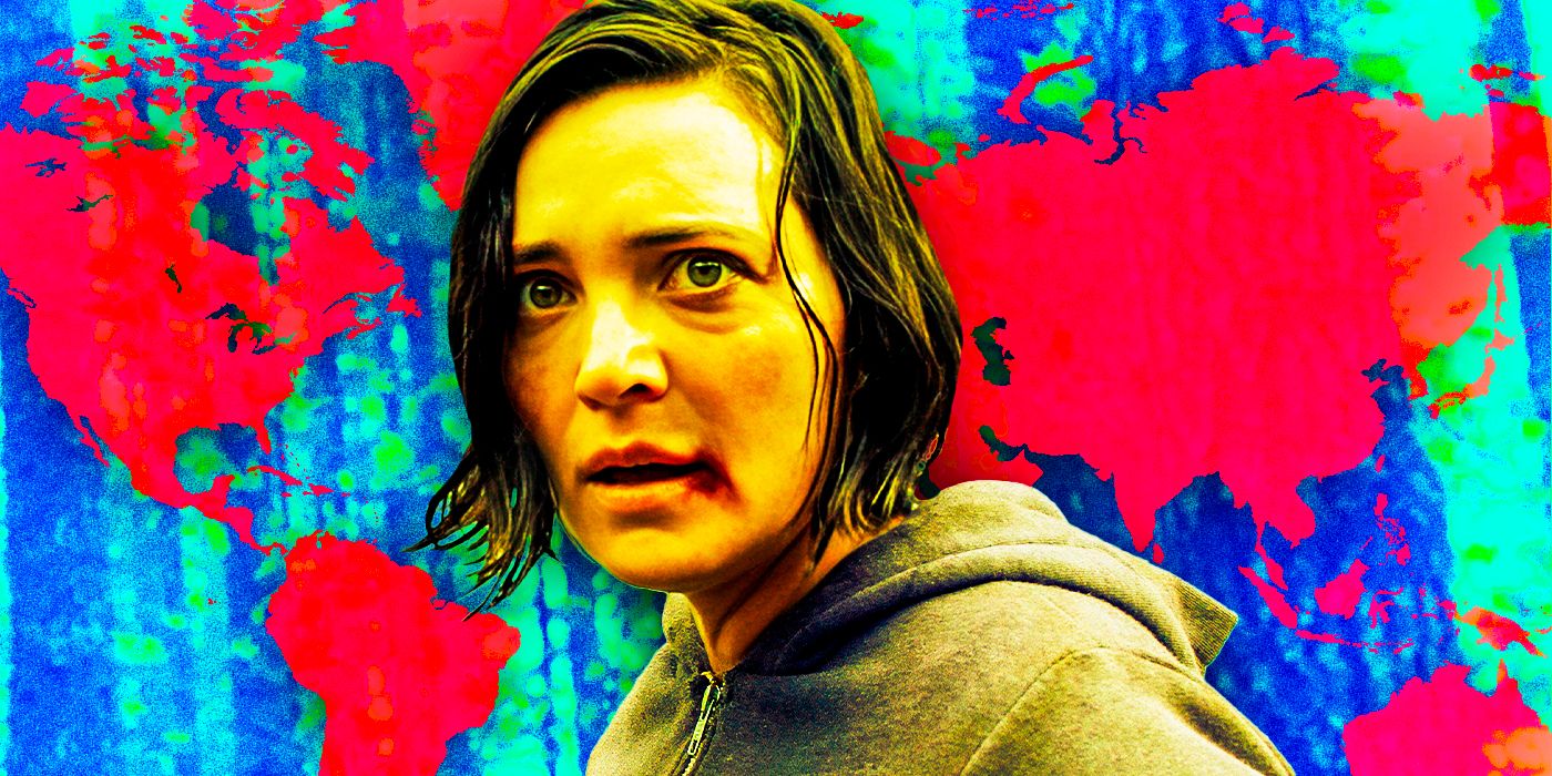 Джулс Уилкикс в роли Джессики из фильма *Alone* на фоне синего фона с красной картой мира