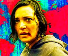 Джулс Уилкикс в роли Джессики из фильма *Alone* на фоне синего фона с красной картой мира