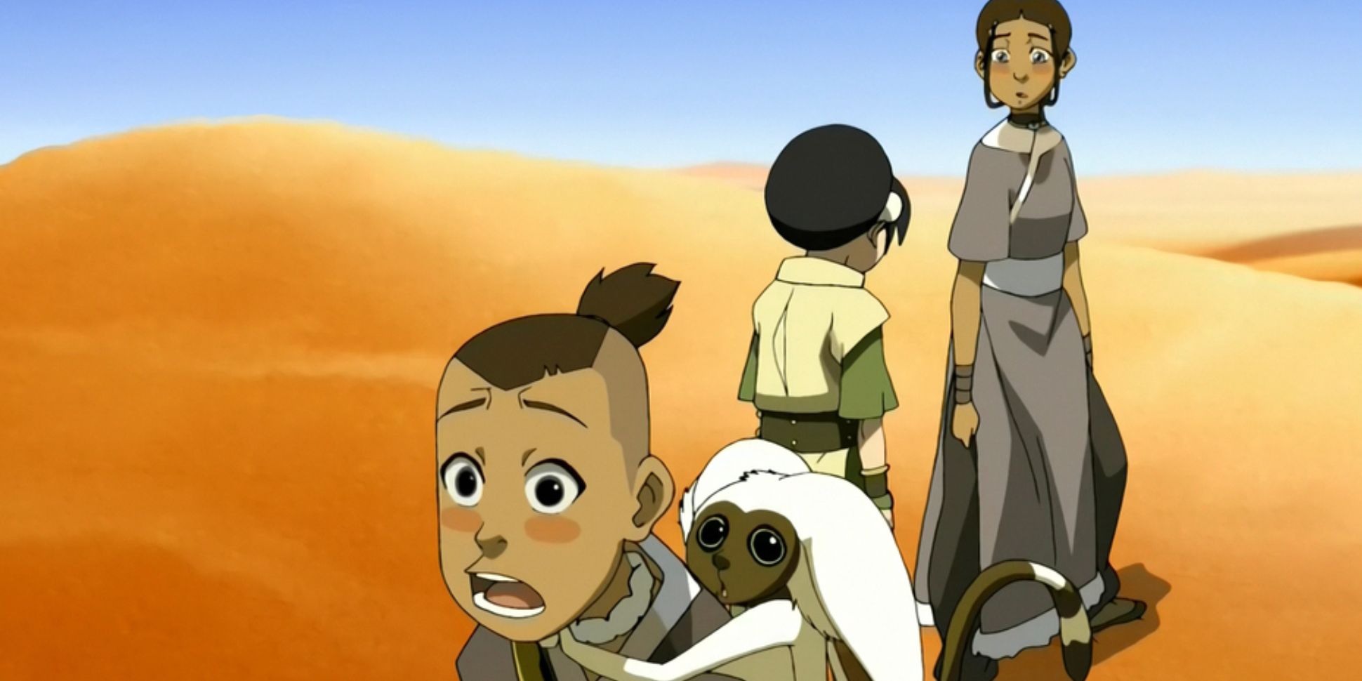 Katara looking back at a distressed Sokka in the animated Avatar The Last Airbender episode The Desert