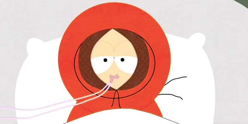 Kenny deitado em uma cama de hospital com aparência doente em South Park, temporada 5