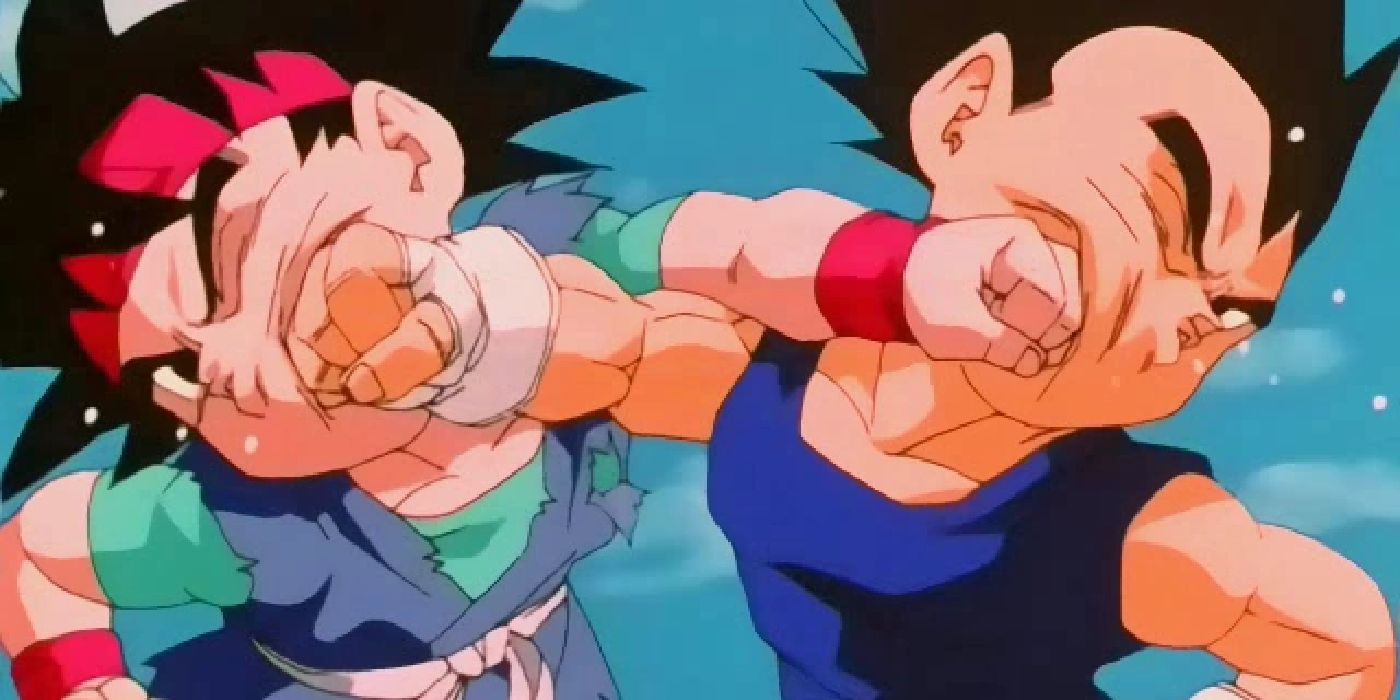 Kid Goku e Vegeta se socando na cara.