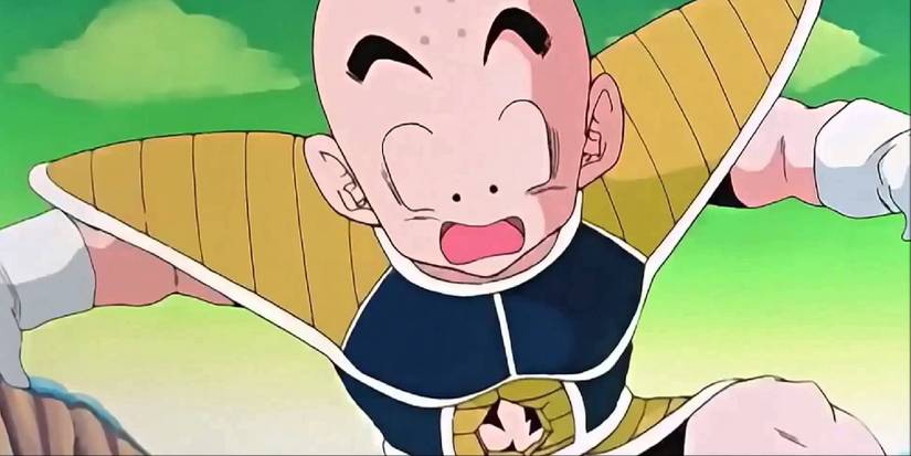 Krillin Reacts in surprise to Frieza's attack in Dragon Ball Z.