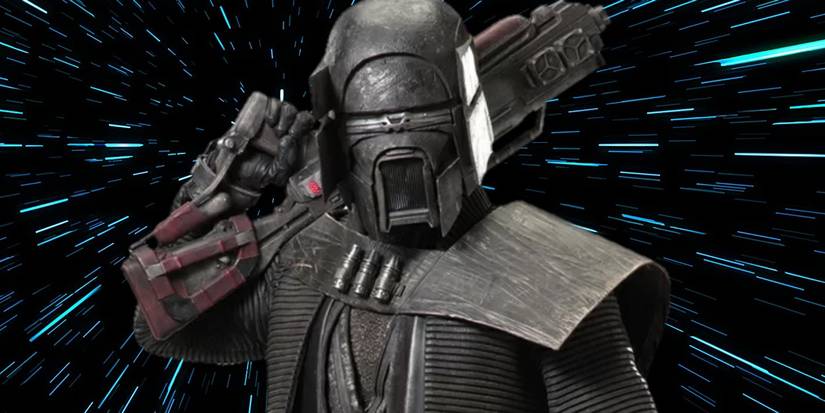 Kuruk, a member of the Knights of Ren in Star Wars, holding a blaster with hyperspace in the background.
