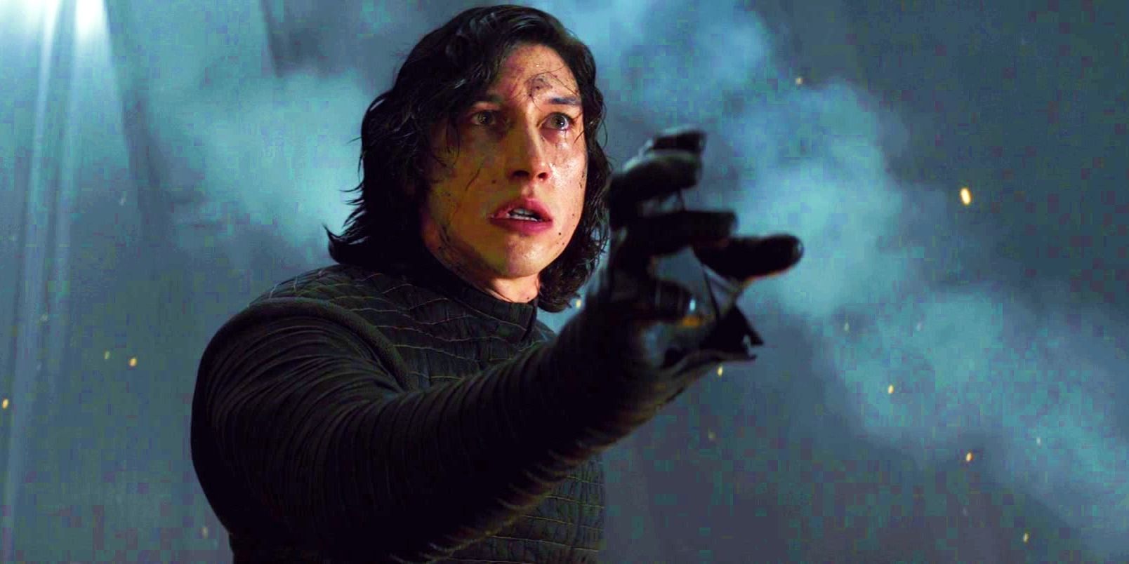 Kylo Ren reaching out and Force choking someone off screen in The Last Jedi