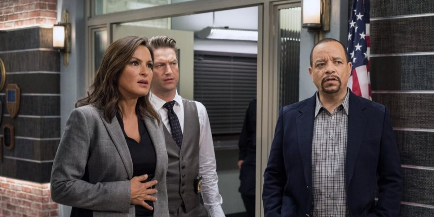 Three members of the Law & Order: SVU cast look incredulously at something off screen