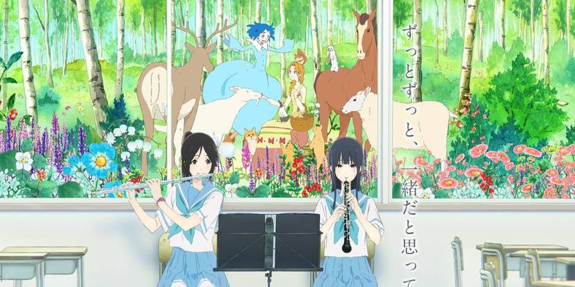 Liz and the Blue Bird image of Mizore and Nozomi playing their instruments in a classroom with animals in the background forest-1