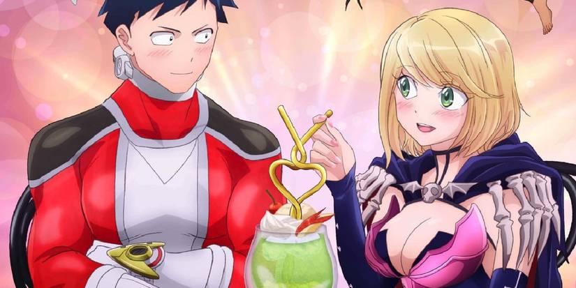 Love After World Domination's two main characters sharing a drink with a pair of heart straws.