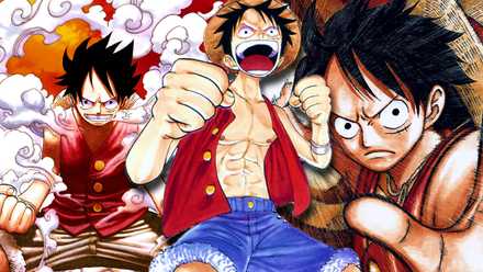 Luffy holding up two fists ready to fight in one piece with two of luffy's gear second poses in the background on either side