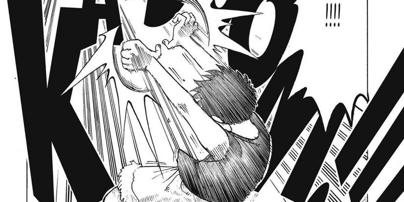 luffy with his arms stretched out in front of him as he uses gum gum bazooka against buggy in the manga in one piece