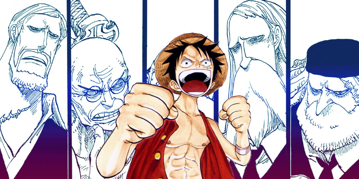 luffy les poings levés, prêt à se battre avec les cinq anciens en arrière-plan en un seul morceau