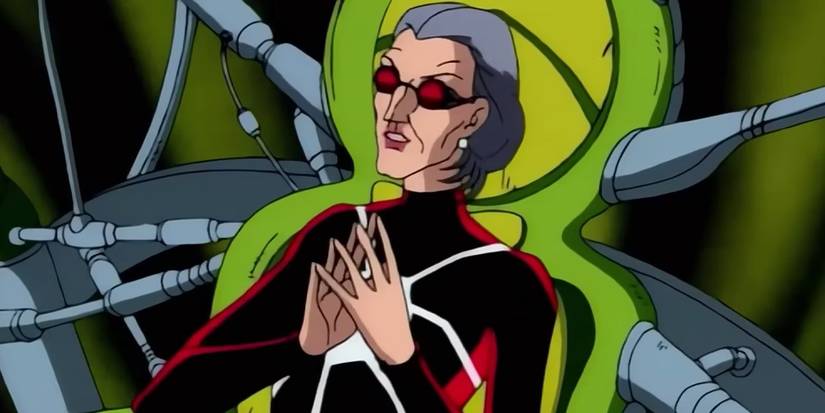 Madame Web falando em sua cadeira característica em Spider-Man: The Animated Series