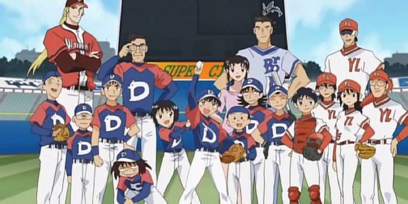 Major Anime's cast of characters wearing baseball uniforms on a field with a scoreboard behind them.