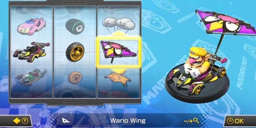 Pneus especiais de metal do circuito Mario Kart Wario e asa Wario