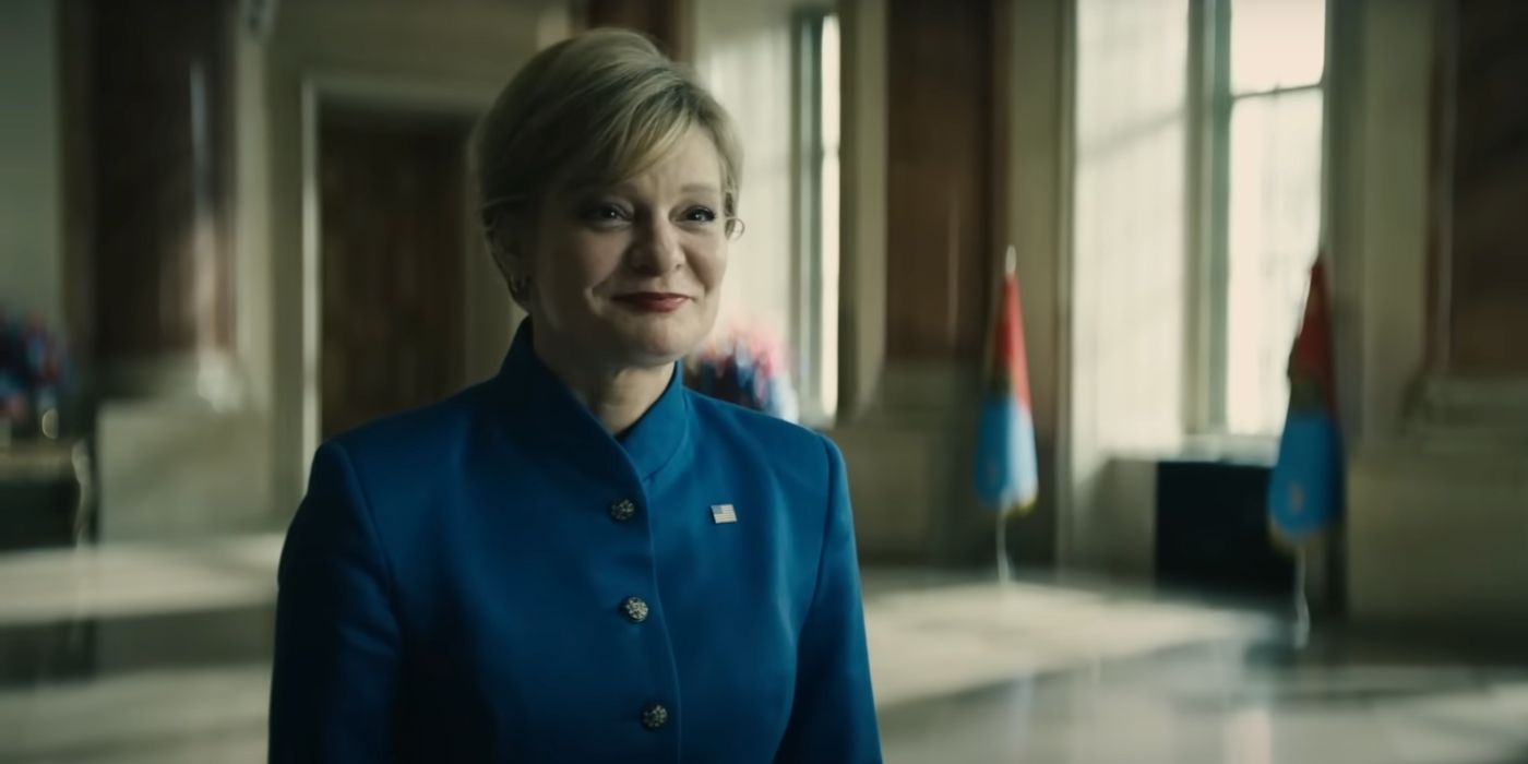 Martha Plimpton as Judith Holt smirking in The Regime episode 2