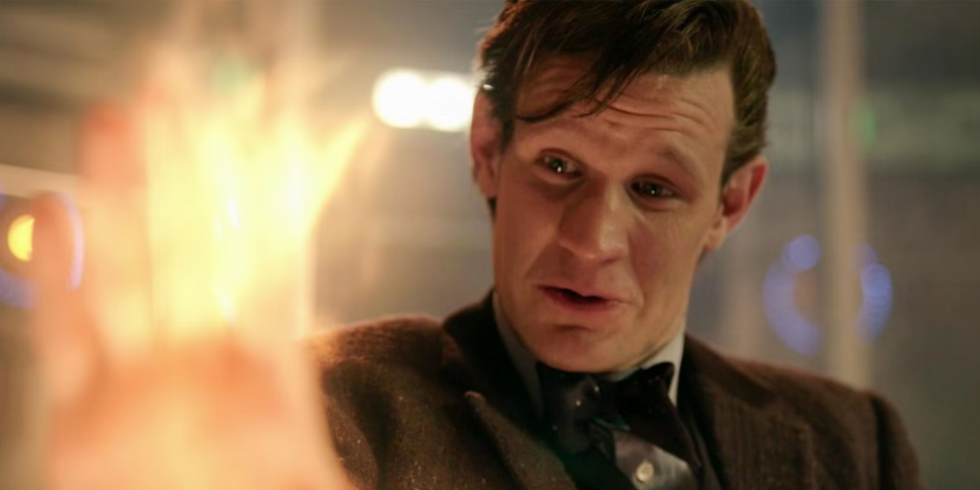 Matt Smith as the Eleventh Doctor looking emotional as he regenerates in Doctor Who