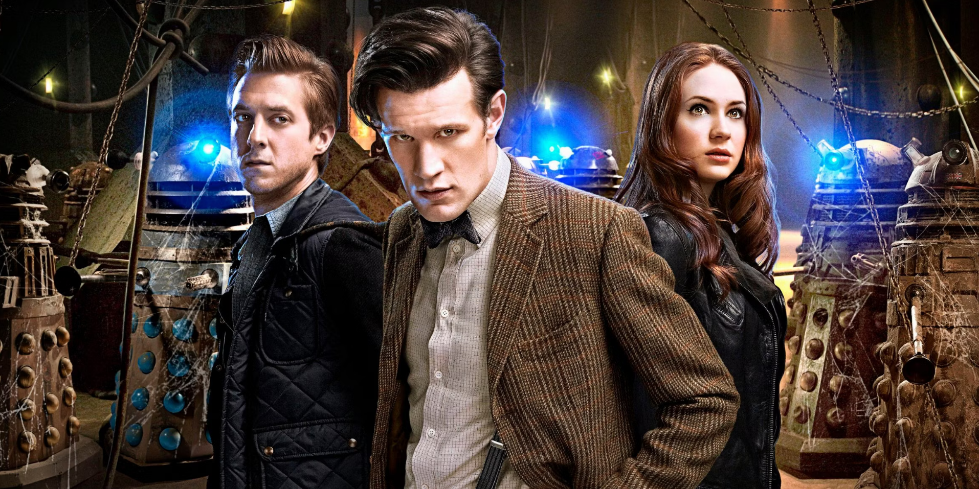 Matt Smith as 11th Doctor with Rory and Amy surrounded by Daleks in Doctor Who