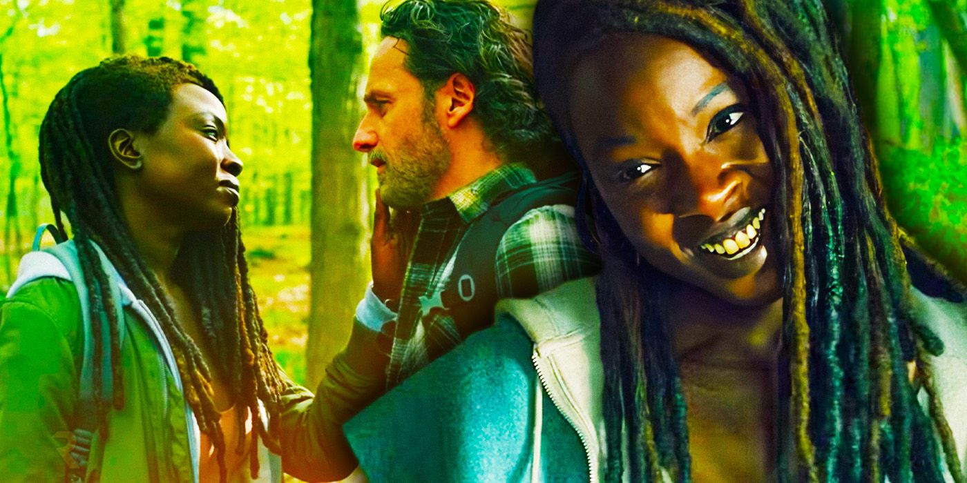 Michonne (Danai Gurira) and Rick Grimes (Andrew Lincoln) looking at each other next to Michonne smiling in The Ones Who Live