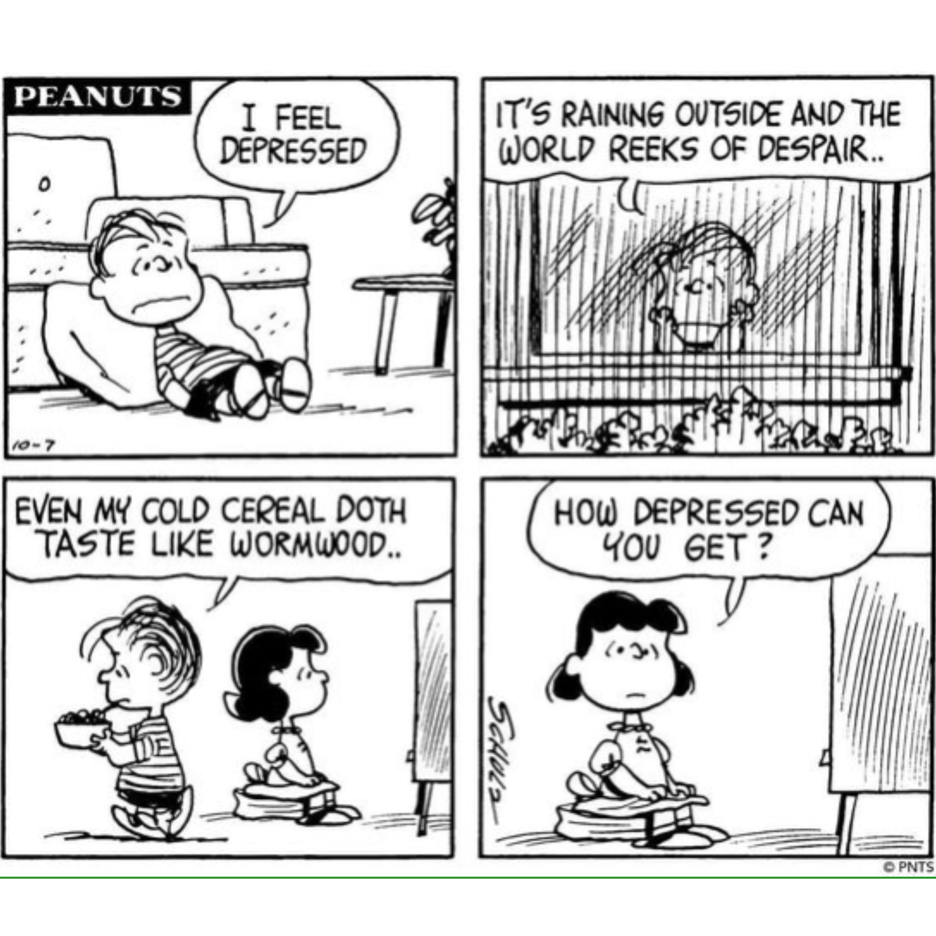 Linus deprimido com Lucy em Peanuts.