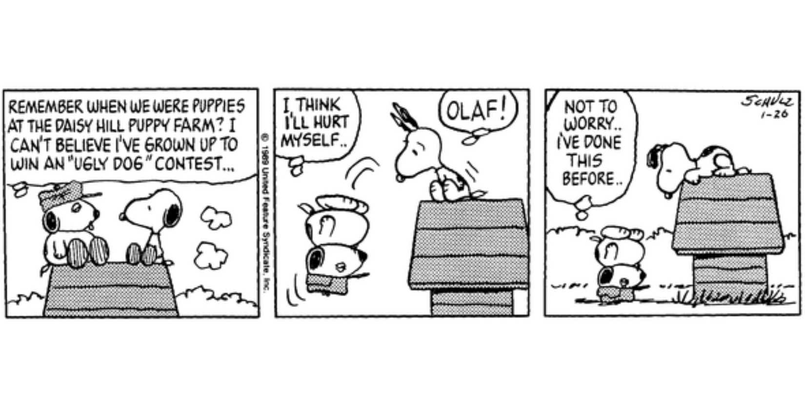 Olaf throwing himself off Snoopy's doghouse in Peanuts.