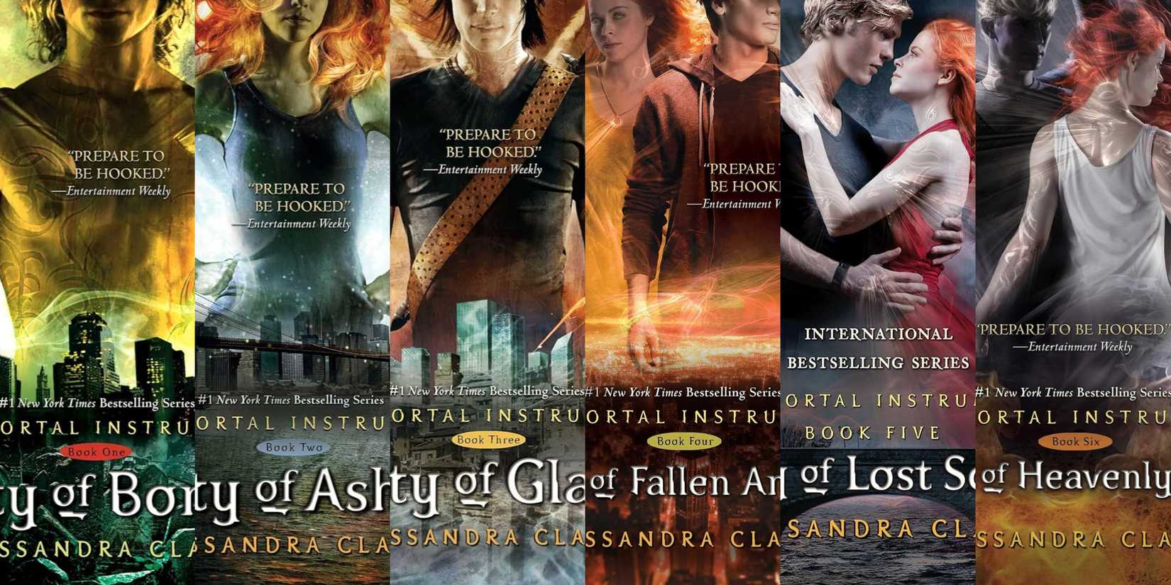 A collage featuring the covers of all six of Cassandra Clare's Mortal Instruments books