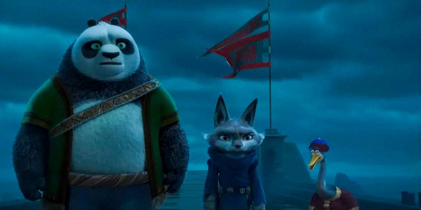Ли, Чжэн и Мистер Пинг, выглядящие удивленными на фоне серого неба в "Кунг-фу Панда 4"
