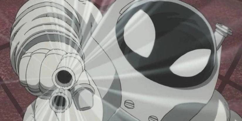 My Hero Academia's Thirteen using her black hole quirk from the fingertip of her space suit.