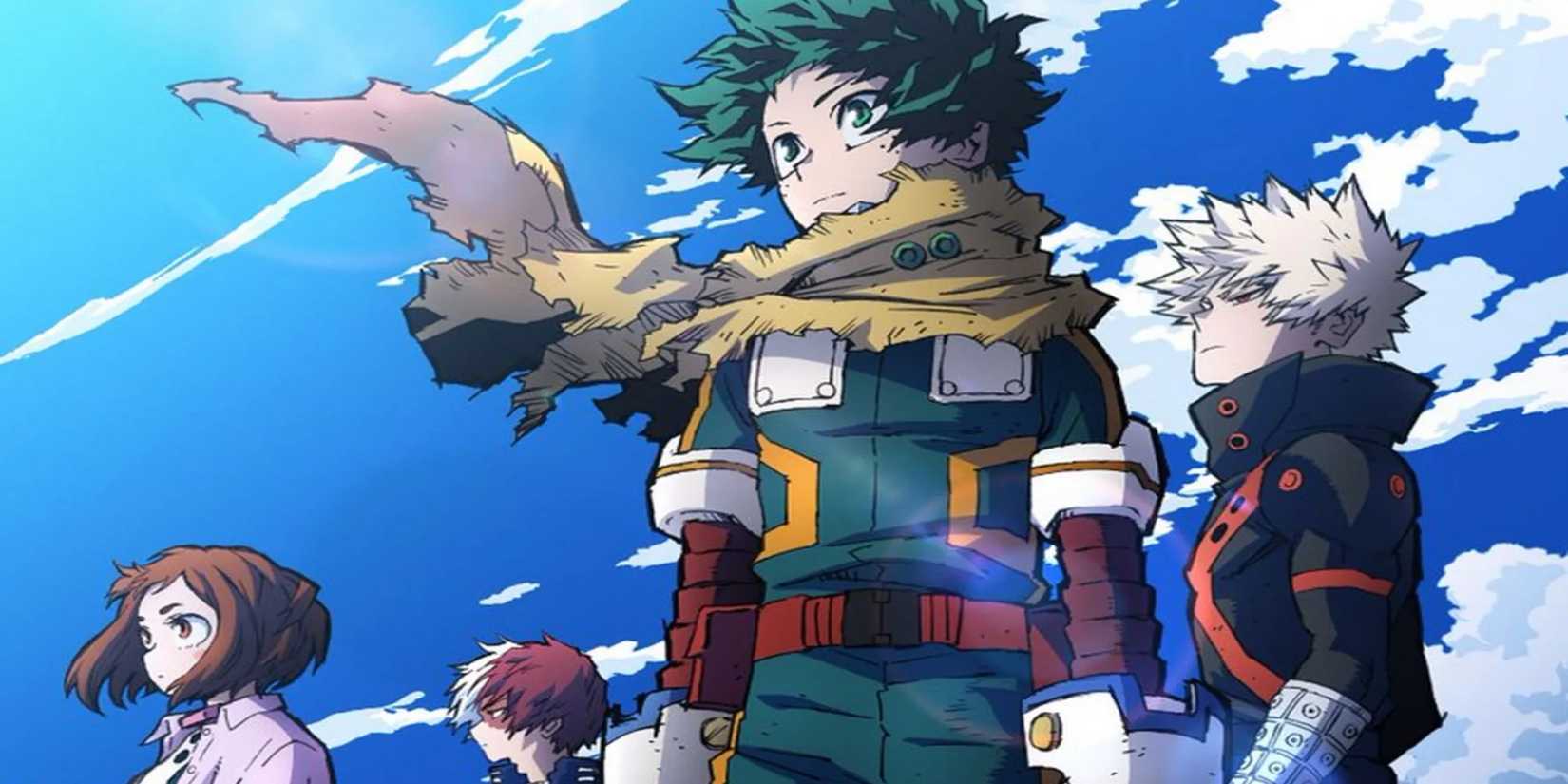 My Hero Academia Season 7 Visual featuring Ochako, Todoroki, Bakugo, and Deku standing together in front of a clear blue sky.