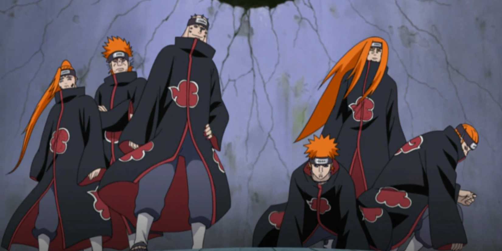 Screenshot from Naruto Shippuden anime shows the Six Paths of Pain arriving at the end of their fight against Jirayia.