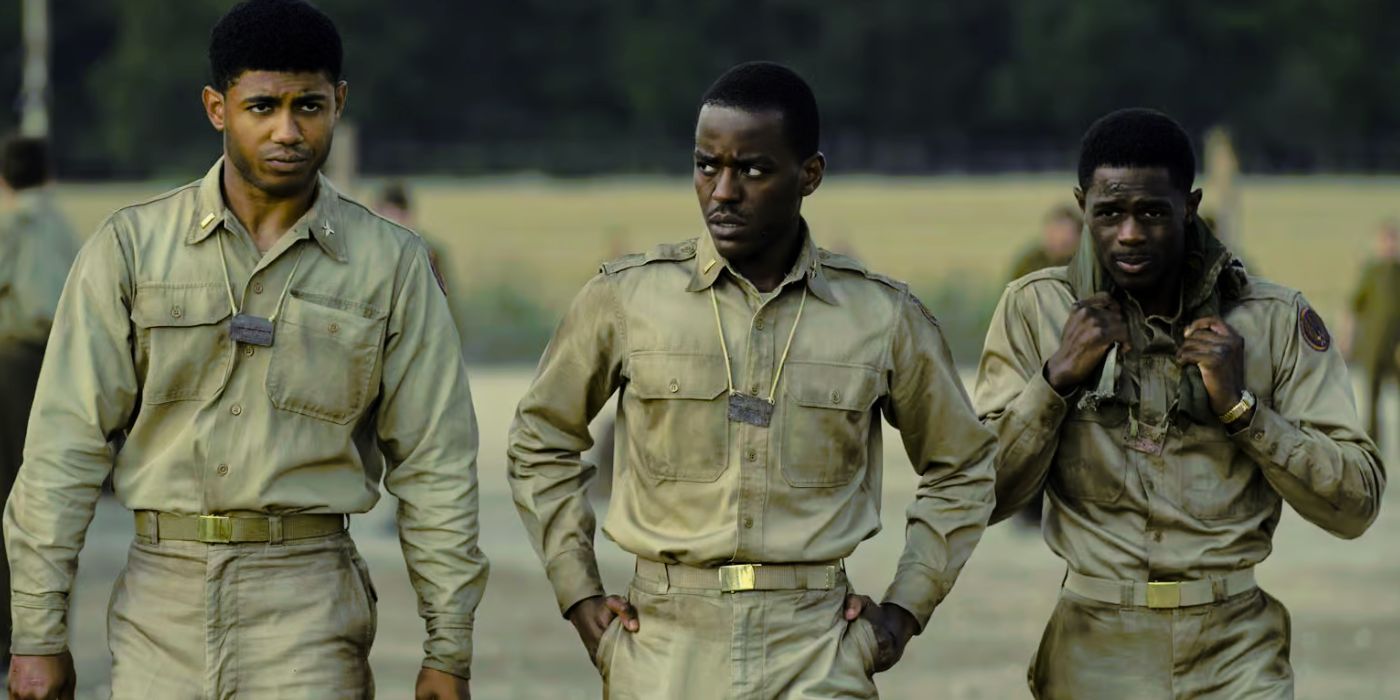 Ncuti Gatwa as Lt. Daniels walks with his fellow Tuskegee Airmen in Masters of the Air