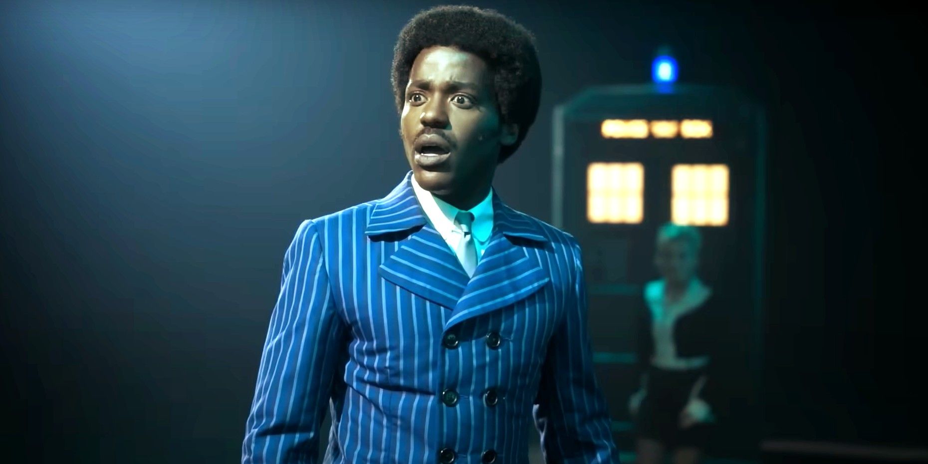 Ncuti Gatwa in his blue '60s costume looking shocked in Doctor Who season 14 trailer.