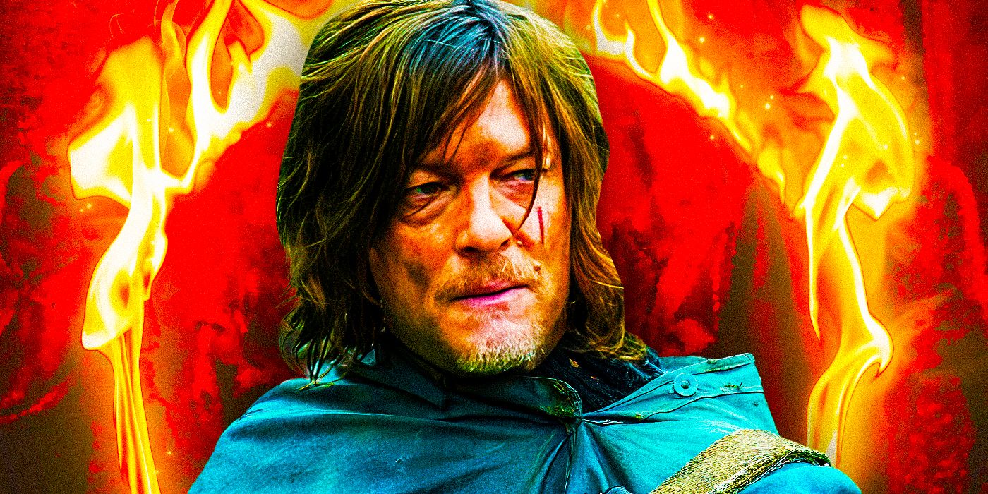 Norman Reedus as Daryl Dixon from The Walking Dead in front of fiery background