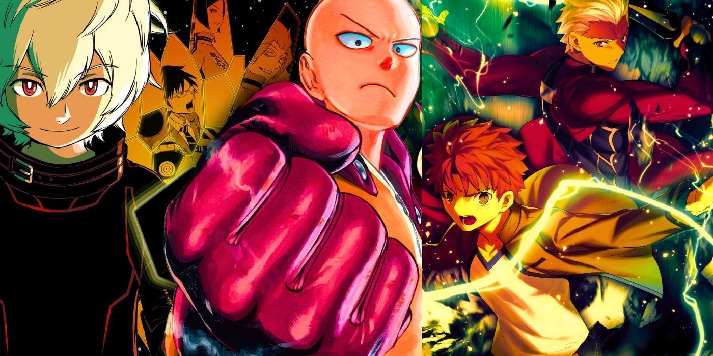 One Punch Man's Saitama throwing a punch in the center, with World Trigger's Yuuma holding his Black Trigger in the background on the left, and Fate SN Unlimited Blade Works's Shirou & Archer on the right