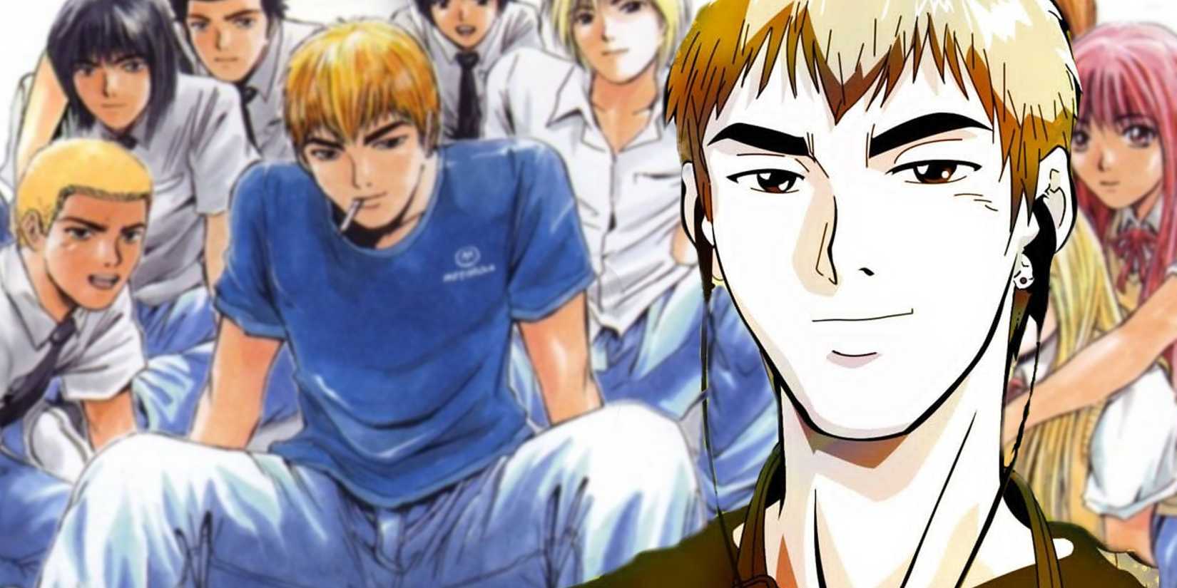 Onizuka wearing earphones in front of the cast statue of