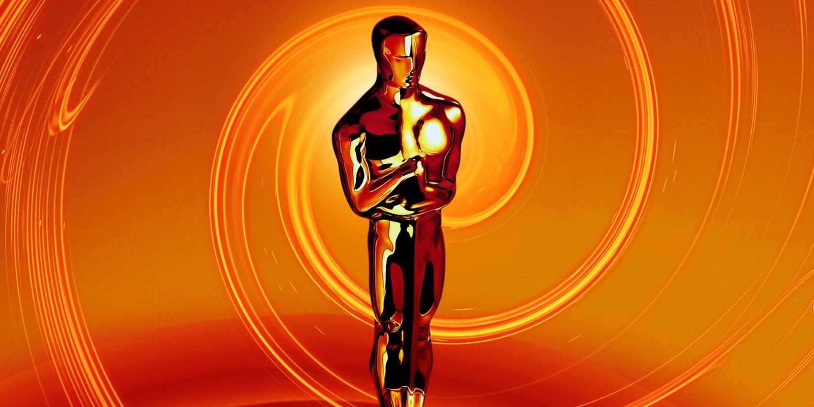 An Oscar statuette in front of a swirly orange background