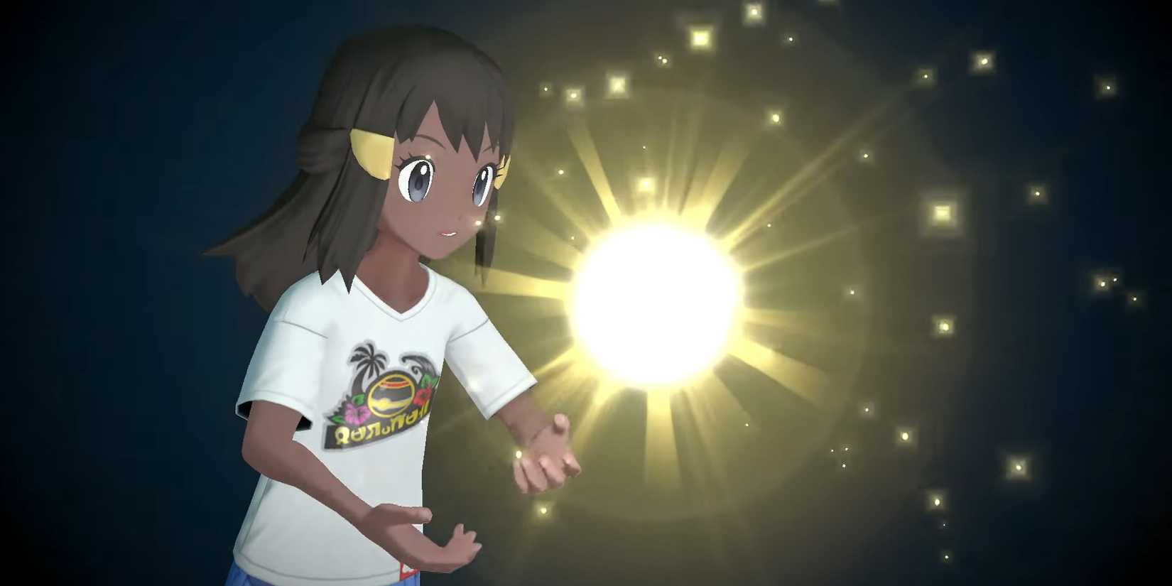 A female character from Pokemon Legends Arceus looks at a ball of light.