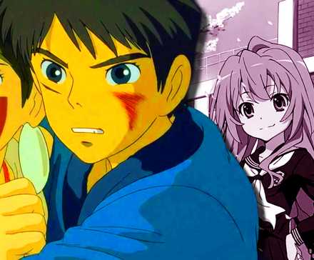 Princess Mononoke's Ashitaka and San holding each other next to Toradora's main couple colored pink.