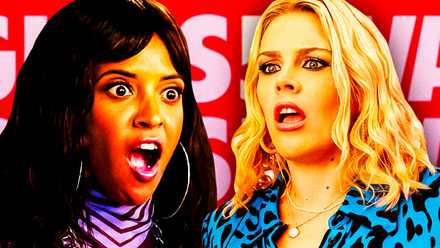 Renée Elise Goldsberry as Wickie Roy and Busy Philipps as Summer Dutkowsky in Girls5eva.