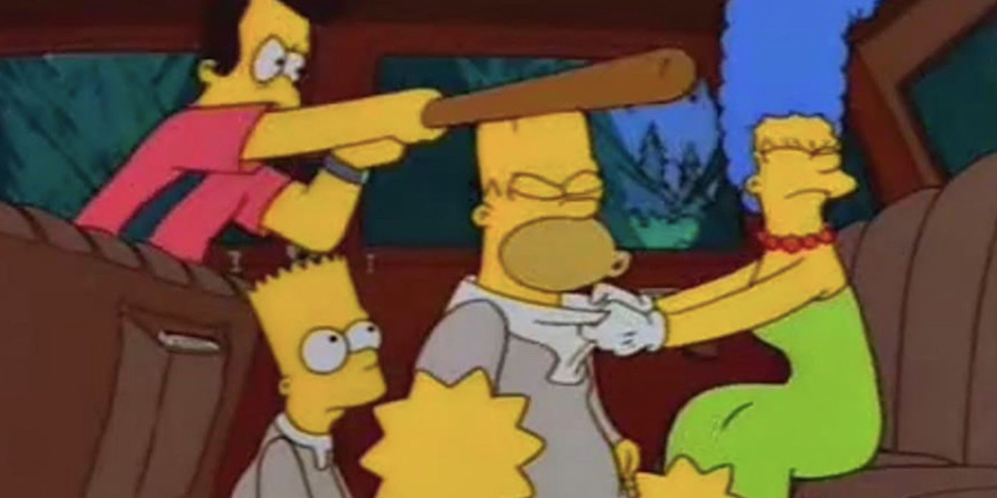 Reverend Lovejoy bashes Homer's head with a bat as Marge Lisa and Bart watch in The Simpsons S9 E13