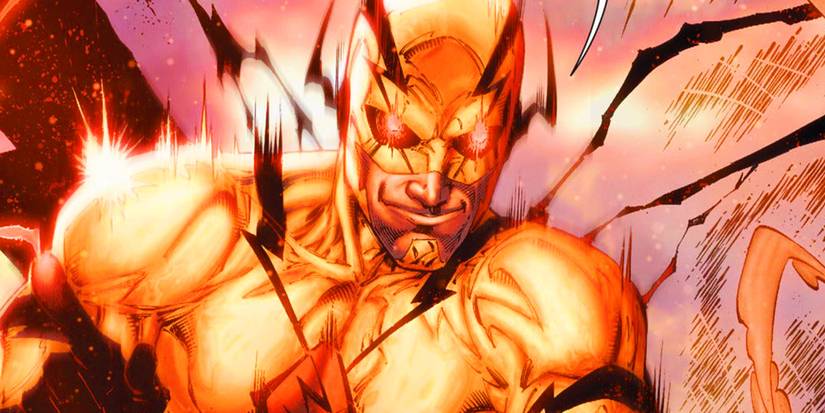 Reverse-Flash with glowing red eyes and a wicked smile zooming through space.